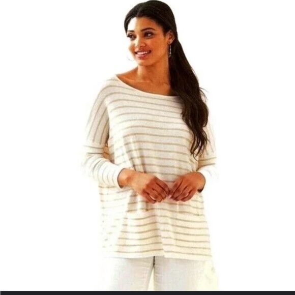 LILLY PULITZER Women's Small White Tan ELBA COOLMAX sweater tee Tassels beach - Picture 1 of 10
